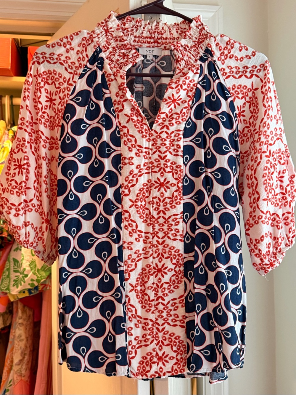 VOY Red & Navy Patterned Smocked-Neck Blouse